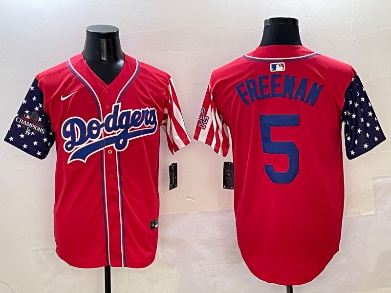 Men Los Angeles Dodgers 5 Freeman Red a generation of national flags Joint name 2025 Nike MLB Jersey style 5